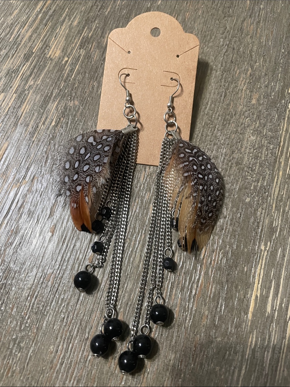 Boho Feather & Black Bead Dangle Earrings - Brown/Black